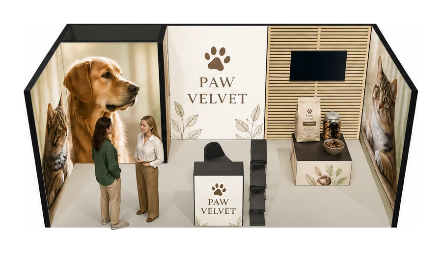 Stoisko 6 × 3 m szeregowe dla branży karma dla zwierząt, przykładowa marka Paw Velvet