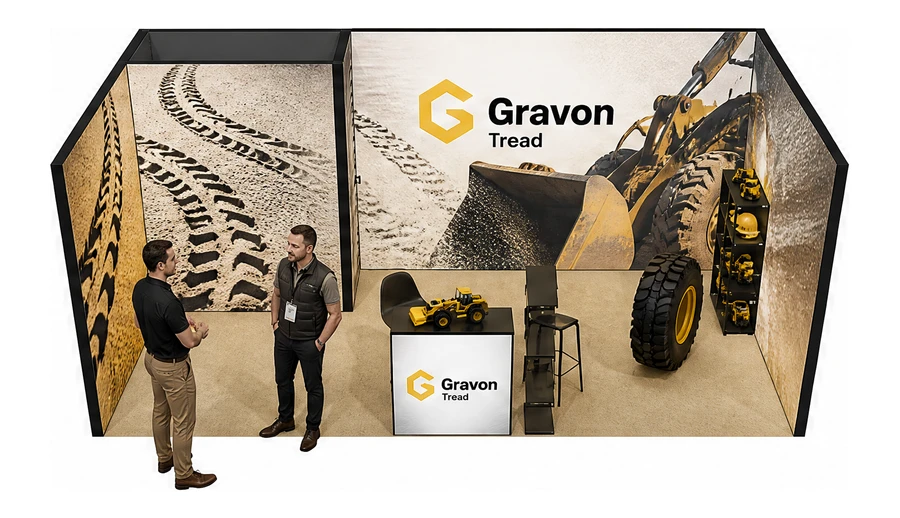 Stoisko 6 × 3 m szeregowe dla branży maszyny budowlane, przykładowa marka Gravon Tread