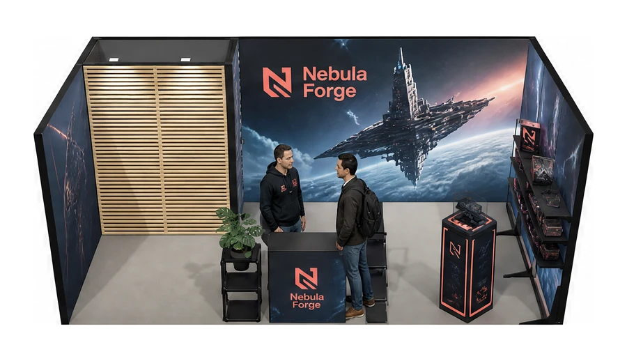 Stoisko 6 × 3 m szeregowe dla branży gry wideo, przykładowa marka Nebula Forge