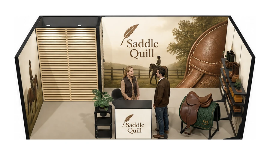 Stoisko 6 × 3 m szeregowe dla branży jeździectwo, przykładowa marka Saddle Quill