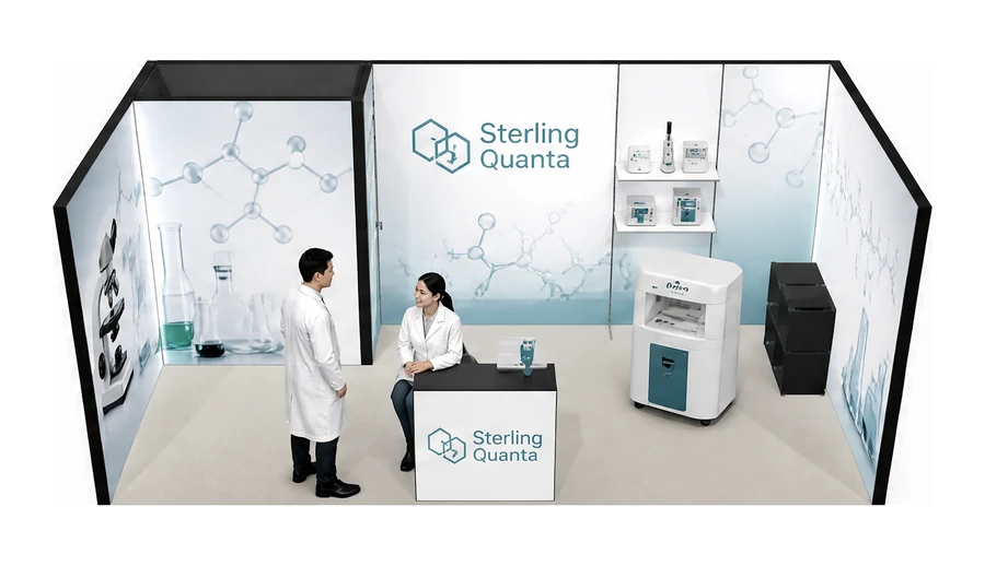 Stoisko 6 × 3 m szeregowe dla branży sprzęt laboratoryjny, przykładowa marka Sterling Quanta
