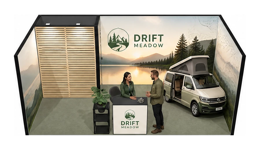 Stoisko 6 × 3 m szeregowe dla branży caravaning i kampery, przykładowa marka Drift Meadow
