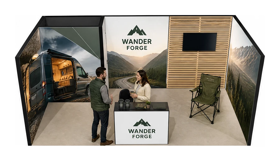Stoisko 6 × 3 m szeregowe dla branży caravaning i kampery, przykładowa marka Wander Forge