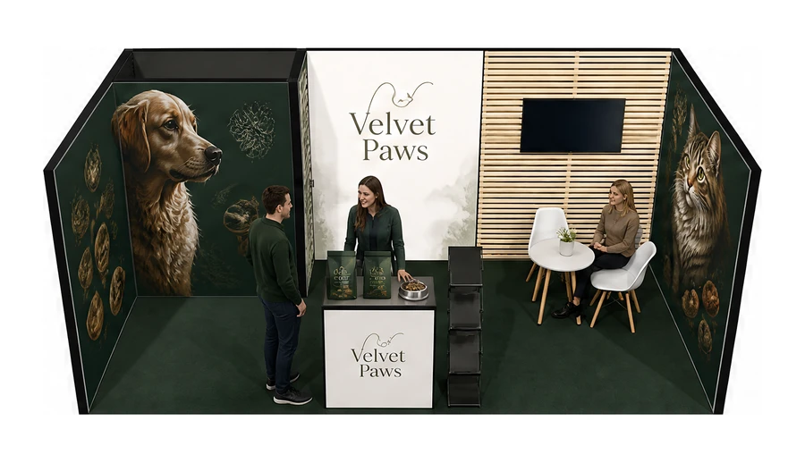 Stoisko 6 × 3 m szeregowe dla branży karma dla zwierząt, przykładowa marka Velvet Paws
