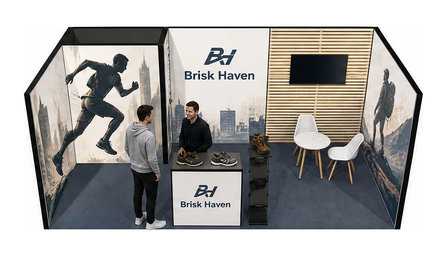Stoisko 6 × 3 m szeregowe dla branży obuwie, przykładowa marka Brisk Haven