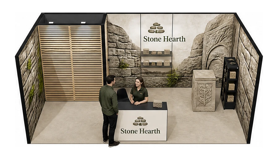 Stoisko 6 × 3 m szeregowe dla branży kamień i kamieniarstwo, przykładowa marka Stone Hearth
