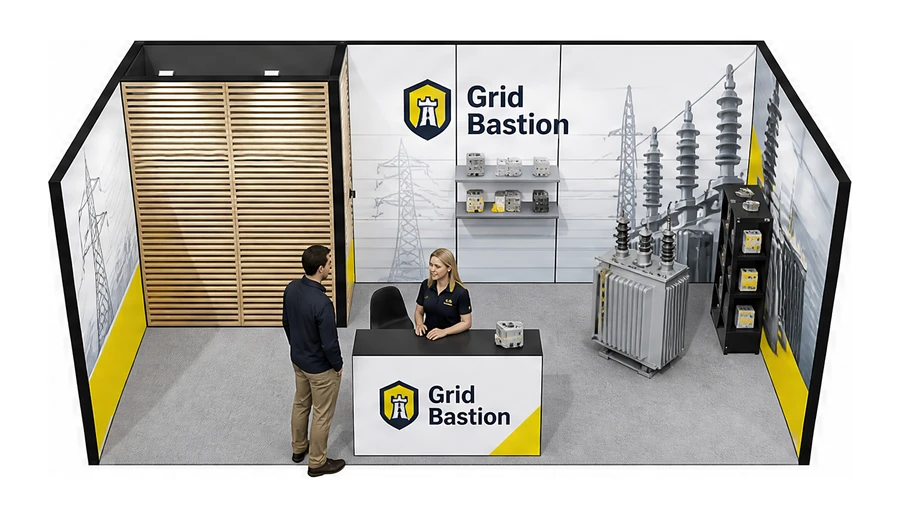 Stoisko 6 × 3 m szeregowe dla branży energetyka i sieci, przykładowa marka Grid Bastion