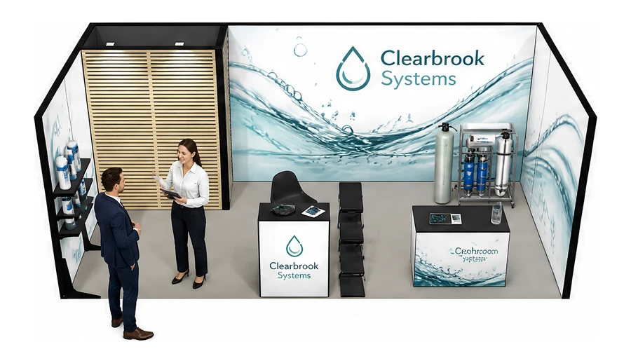 Stoisko 6 × 3 m szeregowe dla branży technologie wodne, przykładowa marka Clearbrook Systems