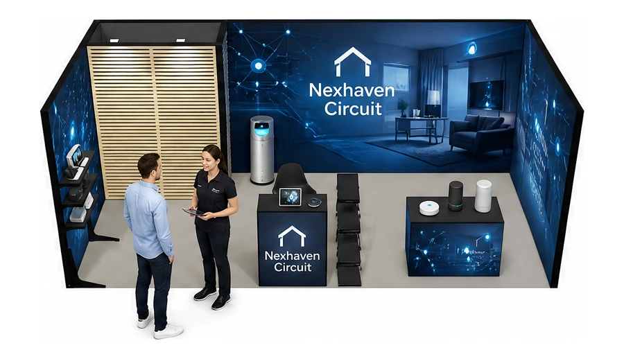 Stoisko 6 × 3 m szeregowe dla branży smart home i IoT, przykładowa marka Nexhaven Circuit