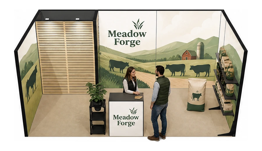 Stoisko 6 × 3 m szeregowe dla branży hodowla i pasze, przykładowa marka Meadow Forge
