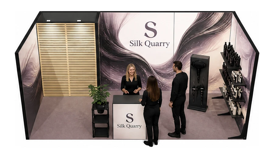 Stoisko 6 × 3 m szeregowe dla branży fryzjerstwo i salony beauty, przykładowa marka Silk Quarry