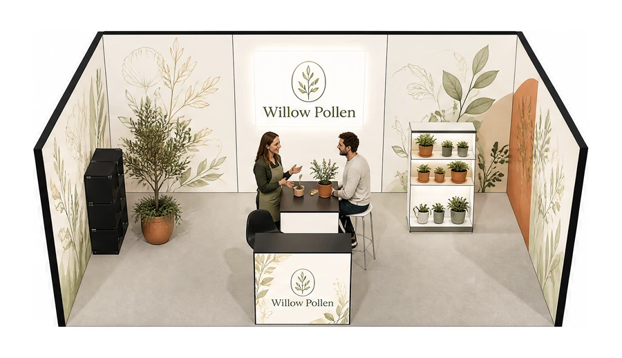 Stoisko 6 × 4 m szeregowe dla branży rośliny i kwiaciarstwo, przykładowa marka Willow Pollen