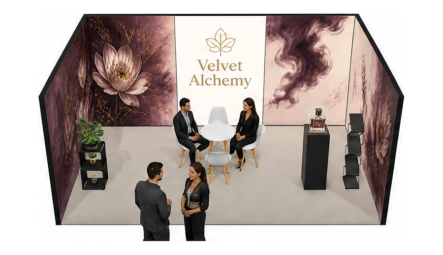 Stoisko 6 × 4 m szeregowe dla branży perfumy, przykładowa marka Velvet Alchemy