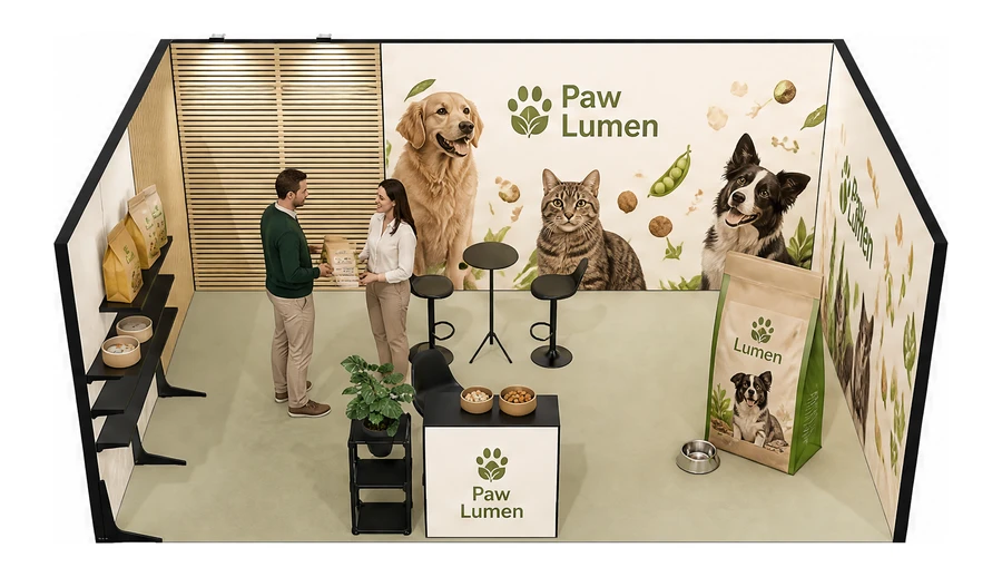 Stoisko 6 × 4 m szeregowe dla branży karma dla zwierząt, przykładowa marka Paw Lumen