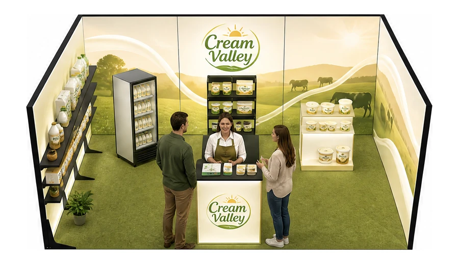 Stoisko 6 × 4 m szeregowe dla branży nabiał i mleczarstwo, przykładowa marka Cream Valley