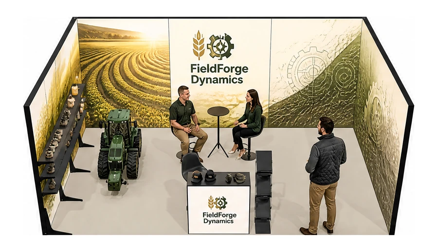 Stoisko 6 × 4 m szeregowe dla branży maszyny rolnicze, przykładowa marka FieldForge Dynamics