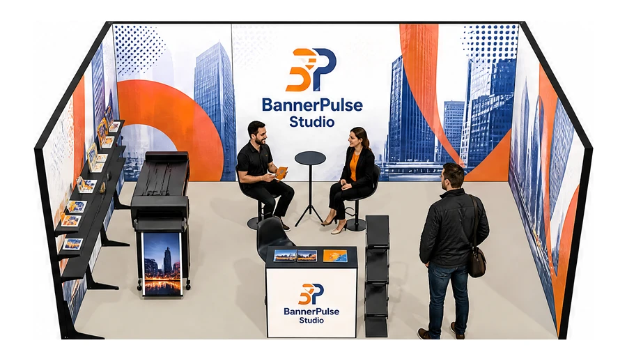 Stoisko 6 × 4 m szeregowe dla branży reklama i druk, przykładowa marka BannerPulse Studio