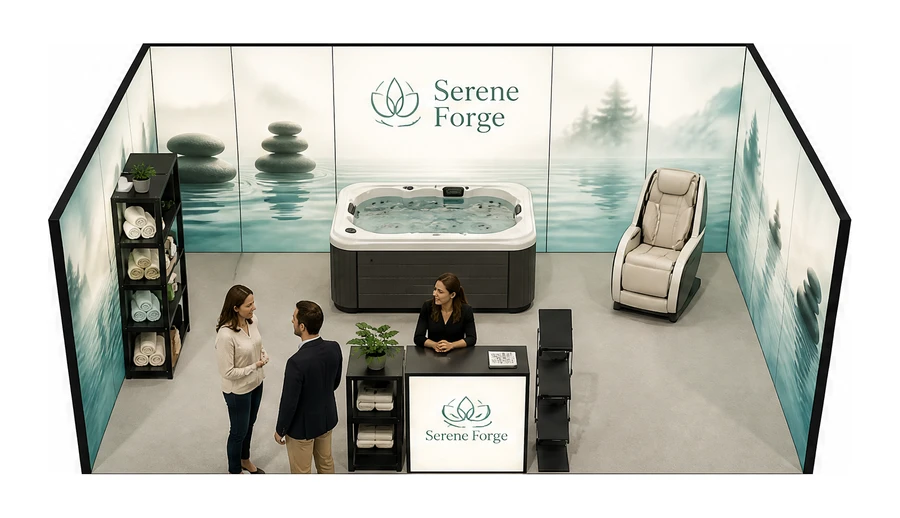 Stoisko 6 × 4 m szeregowe dla branży spa i wellness, przykładowa marka Serene Forge