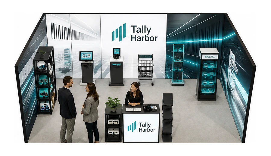 Stoisko 6 × 4 m szeregowe dla branży technologie dla handlu, przykładowa marka Tally Harbor