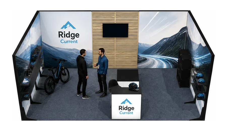Stoisko 6 × 4 m szeregowe dla branży rowery elektryczne, przykładowa marka Ridge Current
