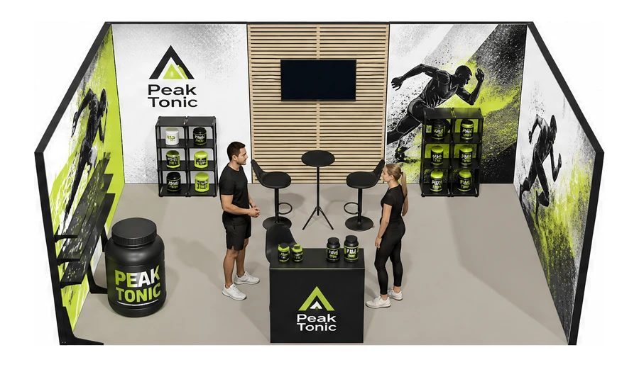 Stoisko 6 × 4 m szeregowe dla branży suplementy diety, przykładowa marka Peak Tonic