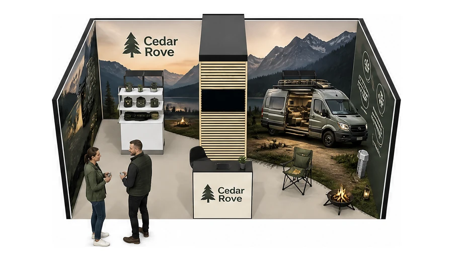 Stoisko 6 × 4 m szeregowe dla branży caravaning i kampery, przykładowa marka Cedar Rove