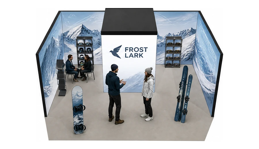 Stoisko 6 × 4 m szeregowe dla branży narciarstwo i sporty zimowe, przykładowa marka Frost Lark