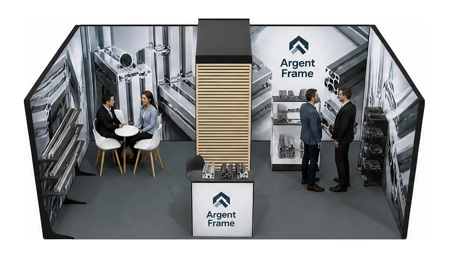 Stoisko 6 × 4 m szeregowe dla branży profile aluminiowe, przykładowa marka Argent Frame