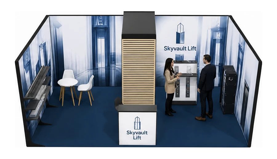 Stoisko 6 × 4 m szeregowe dla branży dźwigi i windy, przykładowa marka Skyvault Lift