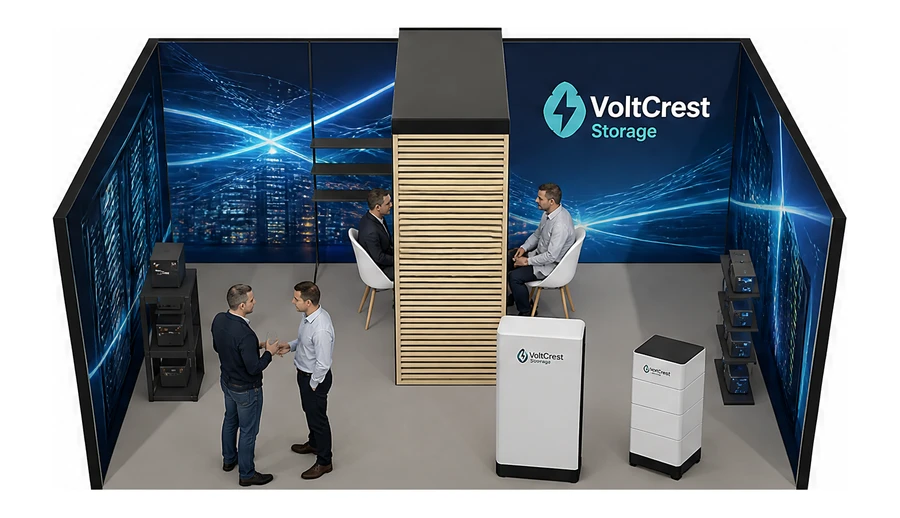 Stoisko 6 × 4 m szeregowe dla branży magazyny energii, przykładowa marka VoltCrest Storage