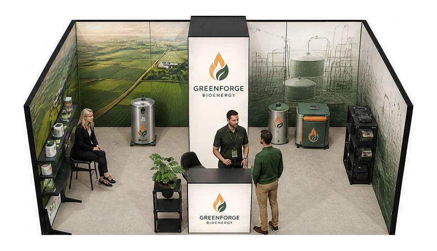 Stoisko 6 × 4 m szeregowe dla branży biogaz i OZE, przykładowa marka Greenforge Bioenergy