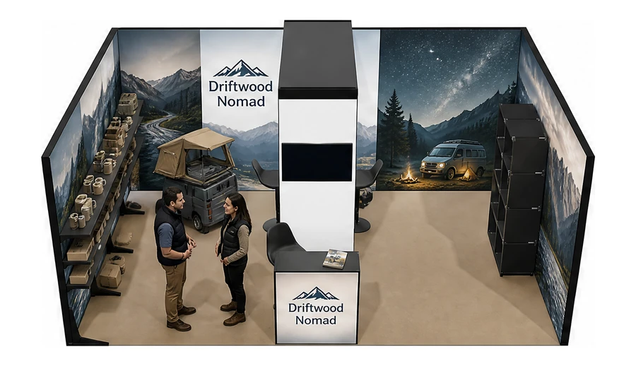 Stoisko 6 × 4 m szeregowe dla branży caravaning i kampery, przykładowa marka Driftwood Nomad
