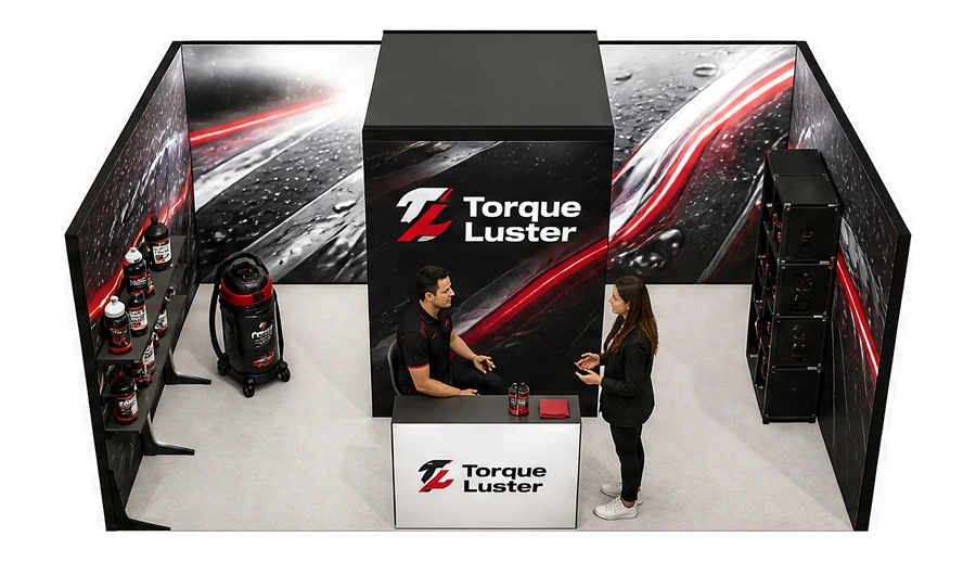 Stoisko 6 × 4 m szeregowe dla branży tuning i detailing, przykładowa marka Torque Luster