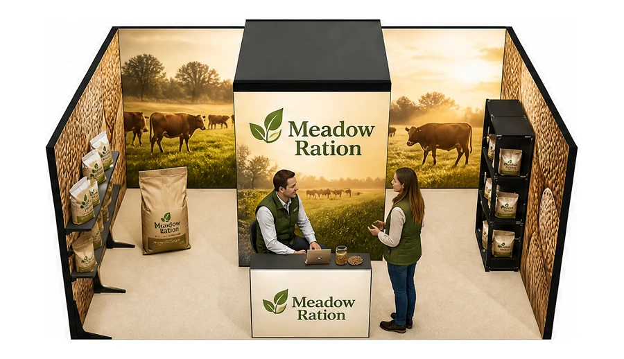 Stoisko 6 × 4 m szeregowe dla branży hodowla i pasze, przykładowa marka Meadow Ration