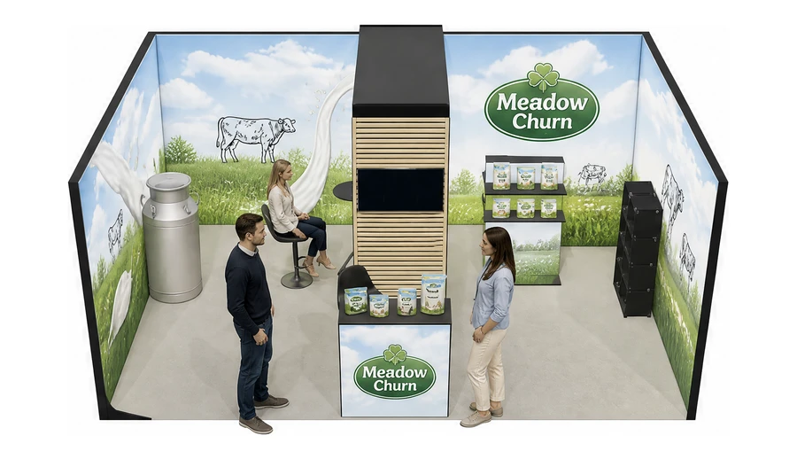 Stoisko 6 × 4 m szeregowe dla branży nabiał i mleczarstwo, przykładowa marka Meadow Churn