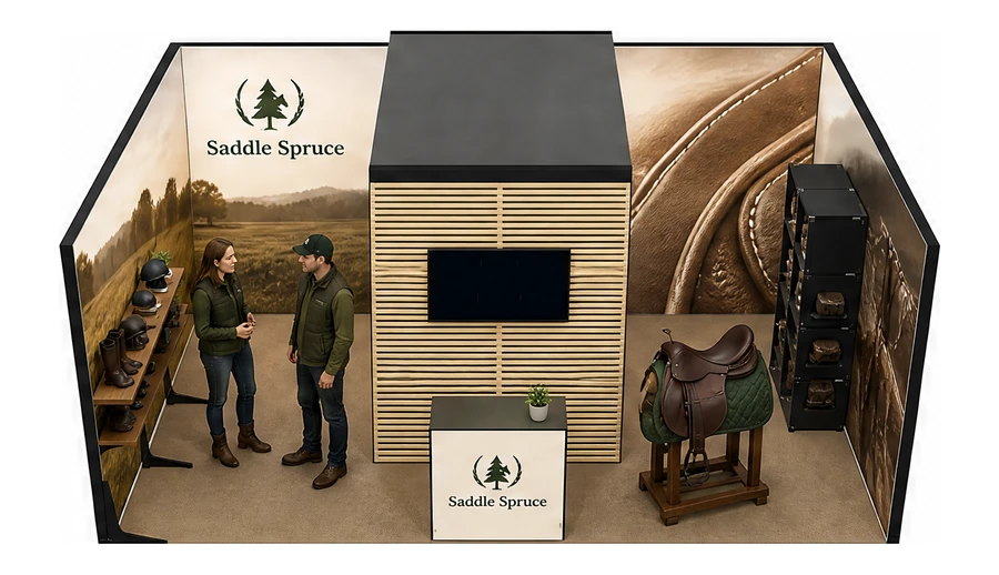 Stoisko 6 × 4 m szeregowe dla branży jeździectwo, przykładowa marka Saddle Spruce