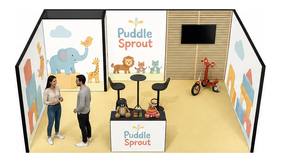 Stoisko 6 × 4 m szeregowe dla branży zabawki i artykuły dziecięce, przykładowa marka Puddle Sprout