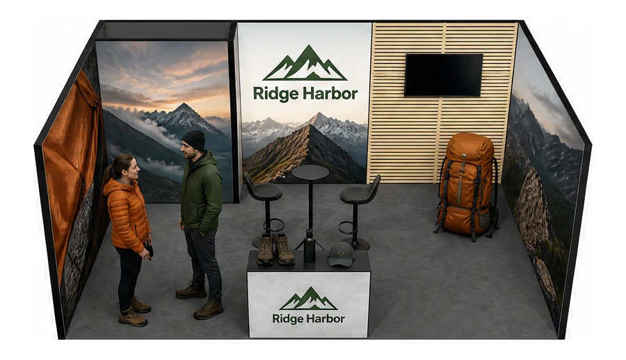 Stoisko 6 × 4 m szeregowe dla branży odzież i sprzęt outdoorowy, przykładowa marka Ridge Harbor
