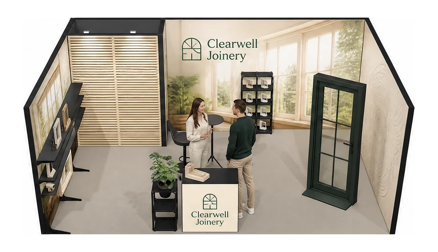 Stoisko 6 × 4 m szeregowe dla branży okna i drzwi, przykładowa marka Clearwell Joinery