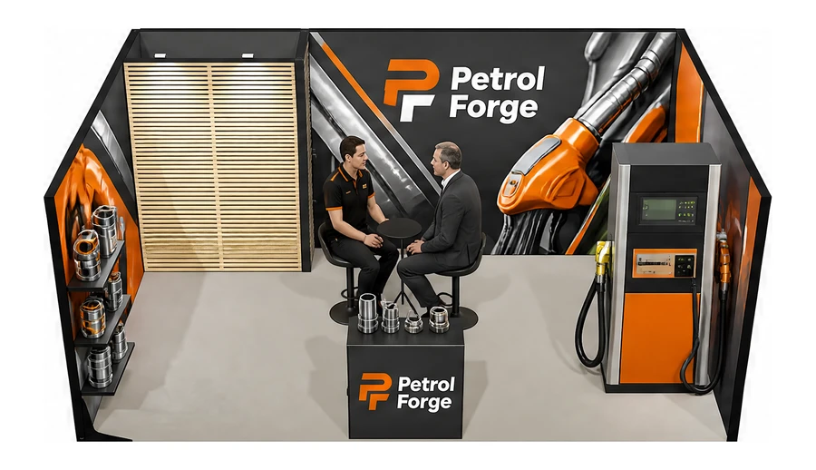 Stoisko 6 × 4 m szeregowe dla branży stacje paliw, przykładowa marka Petrol Forge