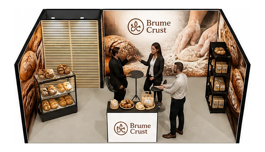 Stoisko 6 × 4 m szeregowe dla branży piekarnictwo i cukiernictwo, przykładowa marka Brume Crust