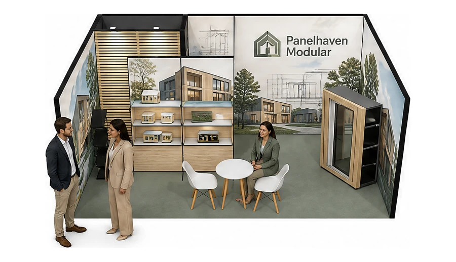 Stoisko 6 × 4 m szeregowe dla branży domy modułowe i prefabrykacja, przykładowa marka Panelhaven Modular