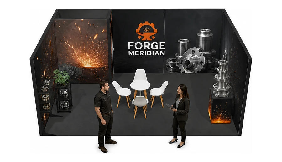 Stoisko 6 × 4 m szeregowe dla branży obróbka metali i odlewnictwo, przykładowa marka Forge Meridian