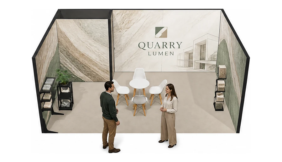 Stoisko 6 × 4 m szeregowe dla branży kamień i kamieniarstwo, przykładowa marka Quarry Lumen