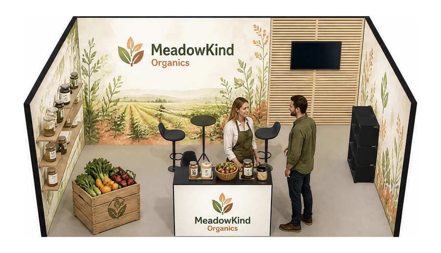 Stoisko 6 × 4 m szeregowe dla branży żywność ekologiczna, przykładowa marka MeadowKind Organics