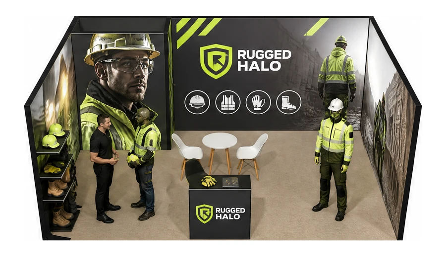 Stoisko 6 × 4 m szeregowe dla branży BHP i odzież ochronna, przykładowa marka Rugged Halo