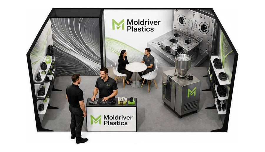 Stoisko 6 × 4 m szeregowe dla branży przetwórstwo tworzyw, przykładowa marka Moldriver Plastics