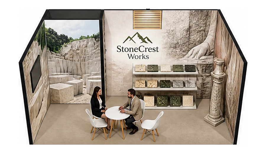Stoisko 6 × 4 m szeregowe dla branży kamień i kamieniarstwo, przykładowa marka StoneCrest Works