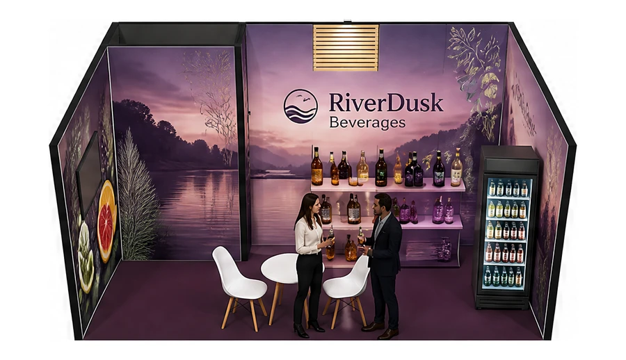 Stoisko 6 × 4 m szeregowe dla branży napoje, przykładowa marka RiverDusk Beverages