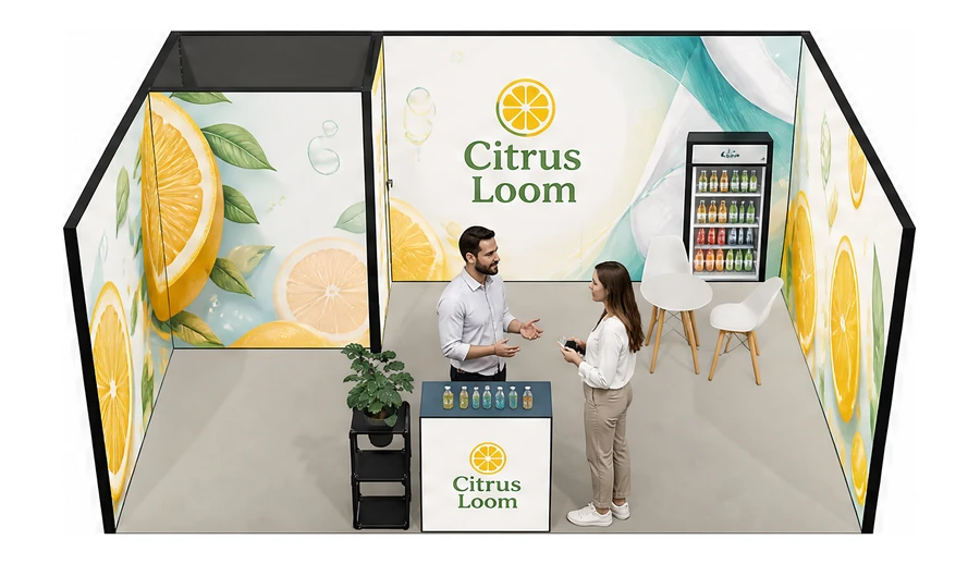 Stoisko 6 × 4 m szeregowe dla branży napoje, przykładowa marka Citrus Loom